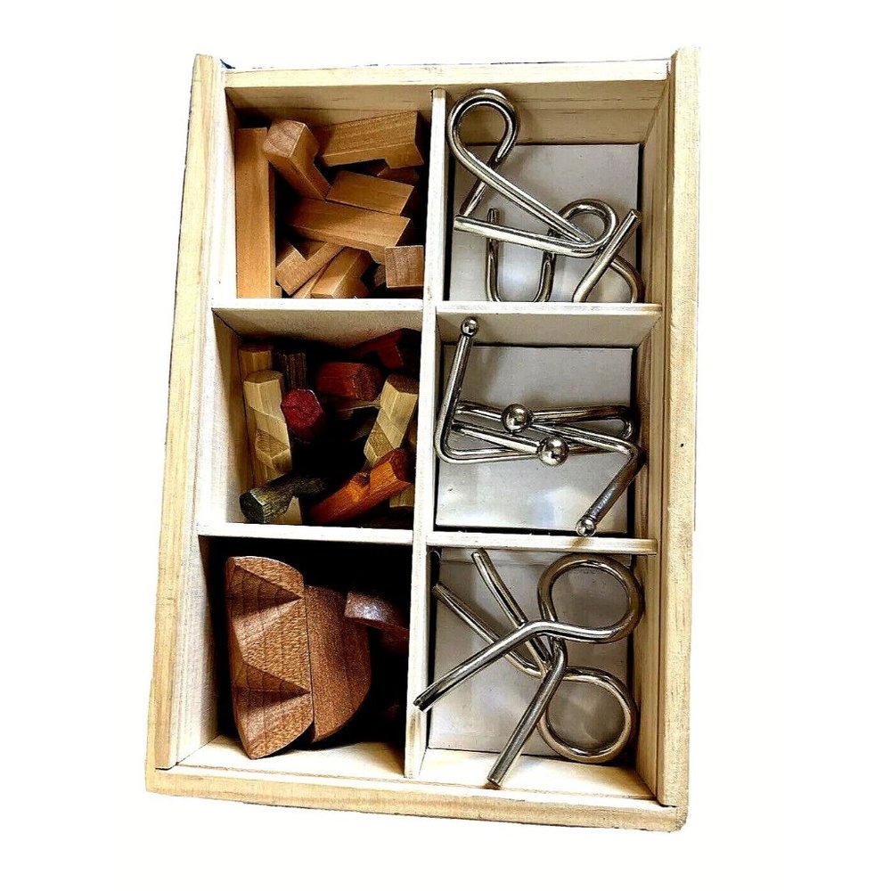 Brookstone Puzzle Box 3 Metal 3 Wood Interlocking Pieces Puzzle Set in Wood Box